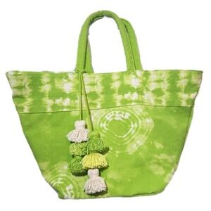 Canvas Shoulder Tote Bag Spring Summer Boho Beach Vacation Tassels Green Tie Dye